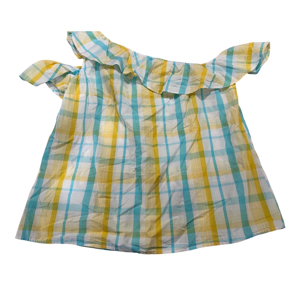 Crown & Ivy Women's Off The Shoulder Plaid Top Size L Yellow Blue White Ruffle